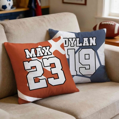 Custom Name & Number Sports Ball Throw Pillow Cover, Pillowcase with Optional Insert, Home Decor, Birthday/Housewarming Gift for Sport Lovers/Players