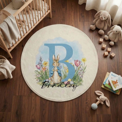 Custom Name Floral Peter Rabbit Alphabet Round Fleece Floor Mat, Non-slip Washable Rug for Nursery/Bedroom, Birthday/Easter Gift for Kids/Boys/Girls