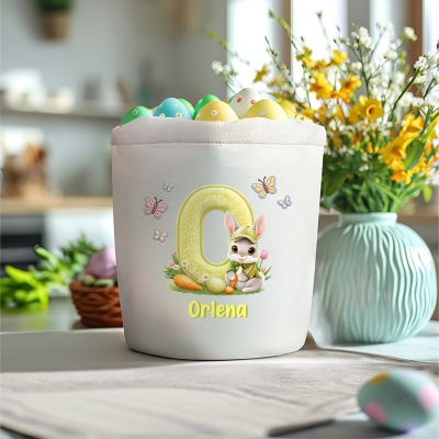 Personalized Name Floral Bunny Alphabet Easter Basket, Easter Egg Hunt Bucket Bag, Large Capacity Canvas Goodie Bag, Easter Gift for Kids/Boys/Girls