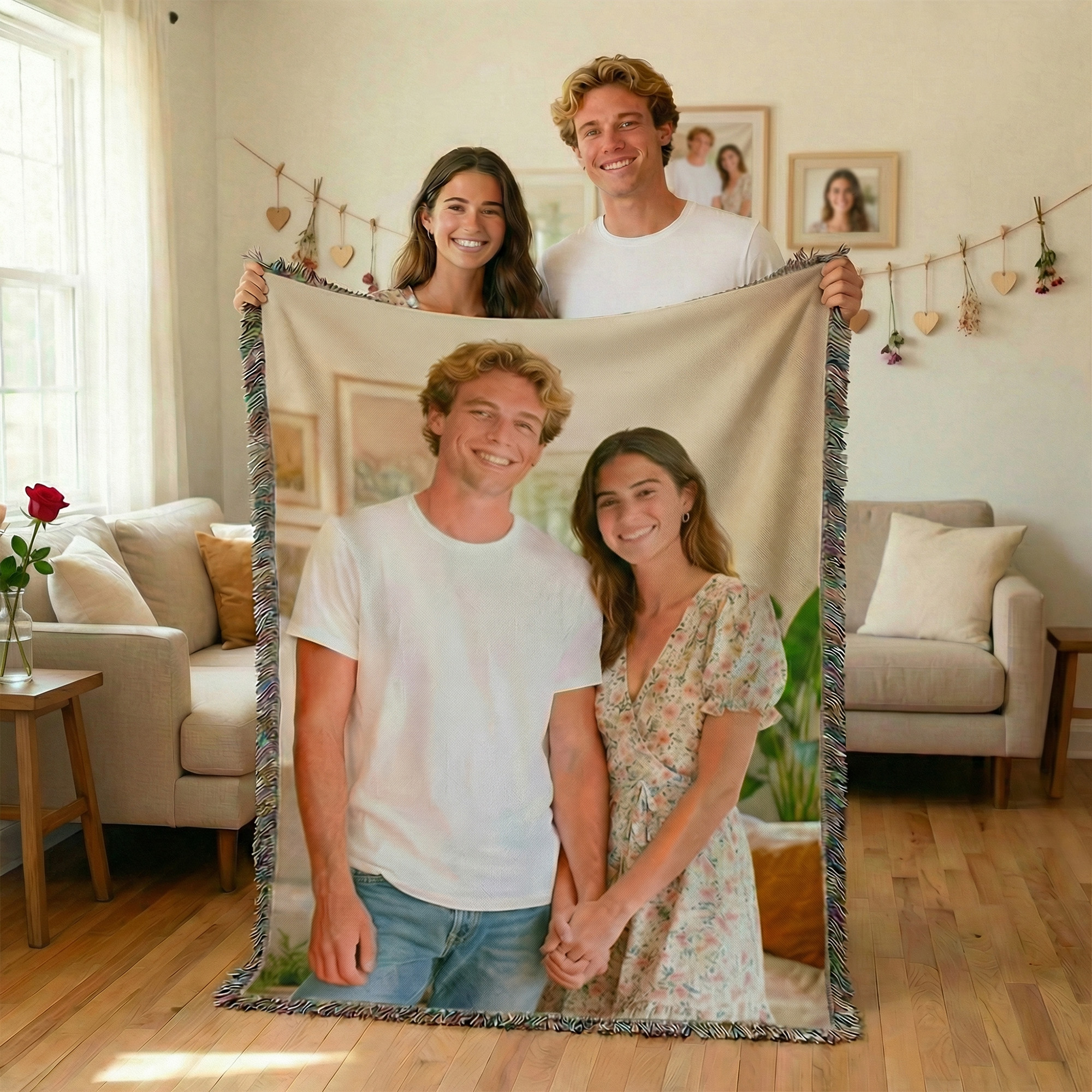 Personalized Photo Woven Blanket with Tassels, Flannel Picture Throw for Bed Couch, Anniversary/Valentine's Day/Memorial Gift for Couple/Family