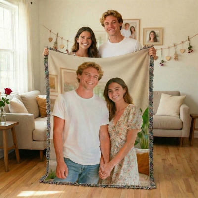 Personalized Photo Woven Blanket with Tassels, Flannel Picture Throw for Bed Couch, Anniversary/Valentine's Day/Memorial Gift for Couple/Family