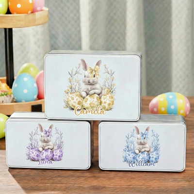 Custom Name Easter Toile de Jouy Bow Bunny & Eggs Treat Tin with Lid, Biscuit Box, Tinplate Container, Party Favor, Easter Gift for Kids/Boys/Girls
