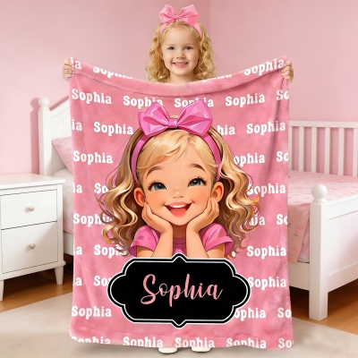 Personalized Name Cartoon White Little Girl Polka Dots Blanket, Flannel/Sherpa Throw for Bed Couch, Home Decor, Birthday/Christmas Gift for Girls