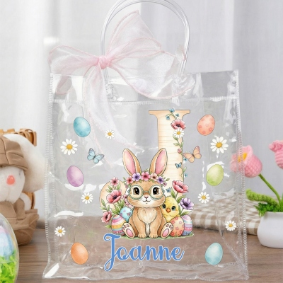 Personalized Name Floral Bunny Alphabet Easter Gift Bag with Pink Bow Ribbon, PVC Clear Easter Egg Hunt Bag, Easter Gift for Kids/Girls/Boys