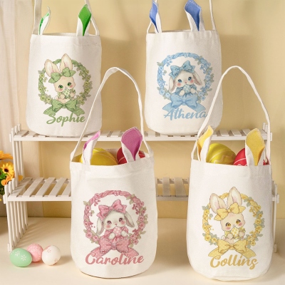 Custom Name Bunny Floral Wreath Bow Easter Basket, Cotton Linen Easter Bucket Bag with Bunny Ears, Easter Party Favor, Easter Gift for Kids/Boys/Girls