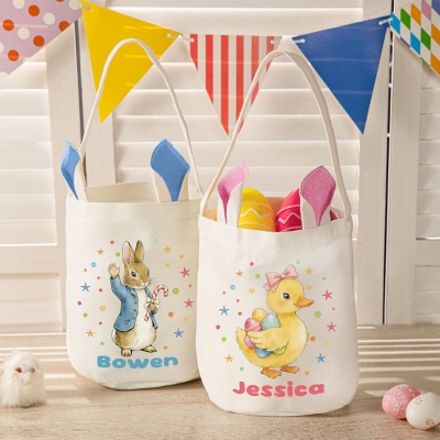 Personalized Name Peter Rabbit Farm Animal Design Easter Basket, Cotton Linen Easter Bucket Bag with Bunny Ears, Easter Gift for Kids/Boys/Girls