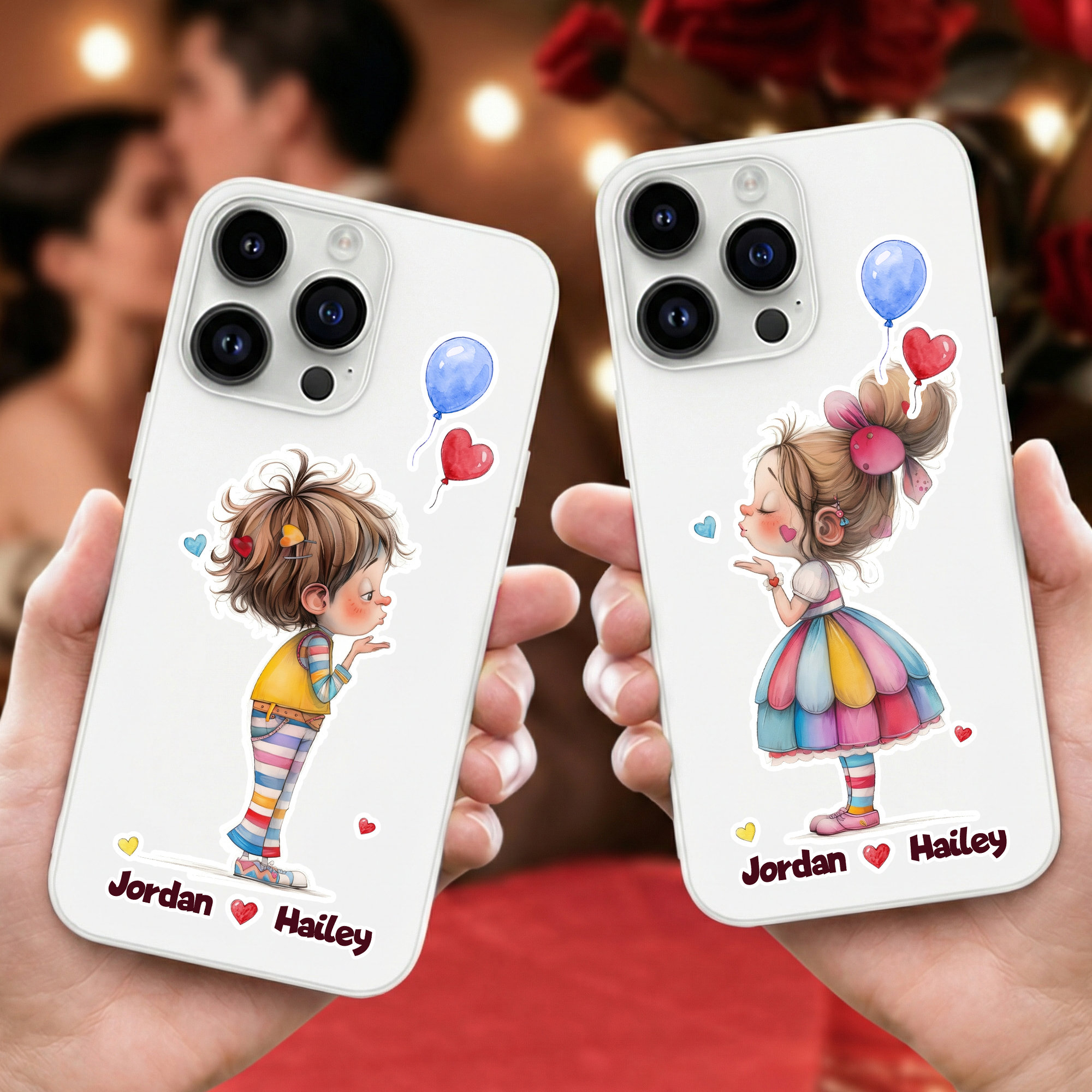 Personalized Watercolor Cartoon Couple Phone Case with Names, Soft TPU Phone Case for iPhone, Valentine's Day Gift for Couple/Boyfriends/Girlfriends