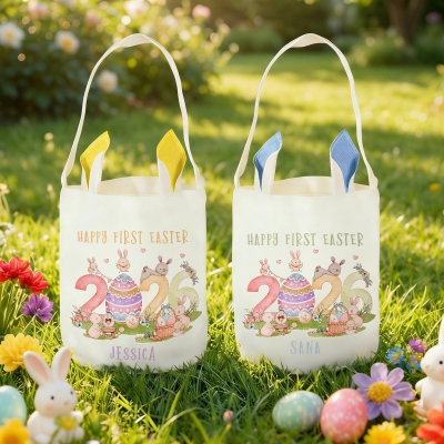 Custom Name Cartoon Bunny & Eggs Happy First Easter Basket, Cotton Linen Easter Bucket Bag with Bunny Ears, Easter Party Favor, Easter Gift for Kids