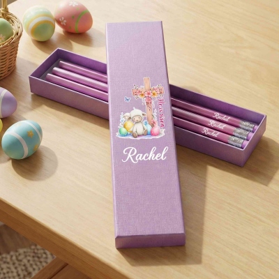 Personalized Name Cross Easter Eggs Sheep He Is Risen Macaron-Colored 12 HB Pencils with Box, School Supplies, Easter/Back to School Gift for Kids