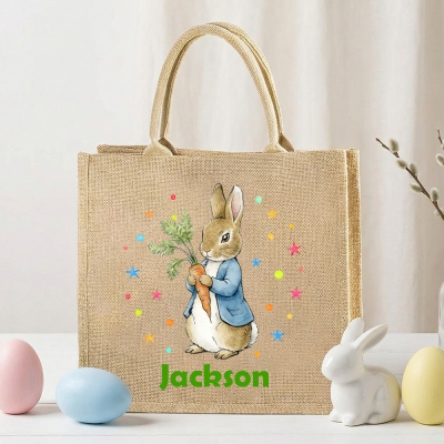 Personalized Name Easter Peter Rabbit & Farm Animal Design Tote Bag, Large Capacity Easter Egg Hunt Jute Bag, Easter Party Favor, Easter Gift for Kids