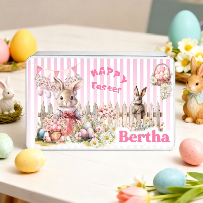 Custom Name Floral Rabbit & Easter Eggs Treat Tin with Lid, Biscuit Candy Box, Tinplate Container, Easter Party Favor, Easter Gift for Kids/Boys/Girls