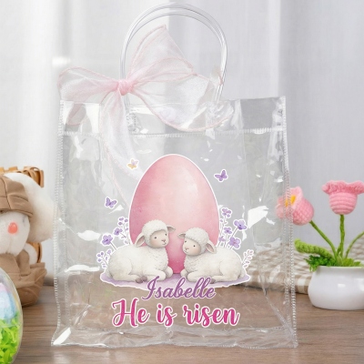 Personalized Name Cross Easter Eggs Sheep He Is Risen Gift Bag with Pink Bow Ribbon, PVC Clear Easter Egg Hunt Bag, Easter Gift for Kids/Girls/Boys