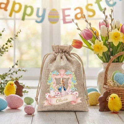 Personalized Name Watercolor Floral Frame Bunny Jute Bag, Easter Egg Hunt Bag with Drawstring, Easter Favor Pouch, Easter Gift for Kids/Boys/Girls