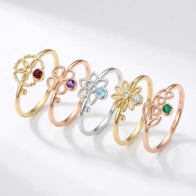 Personalized Hollow Birth Flower & Birthstone Ring, Sterling Silver 925 Minimalist Women's Jewelry, Birthday/Mother's Day Gift for Her/Mom/Grandma