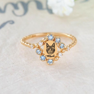 Custom Pet Name & Portrait Ring with Birthstone, Sterling Silver 925 Vintage Pet Photo Ring, Memorial Jewelry, Birthday Gift for Pet Lovers/Owners/Her