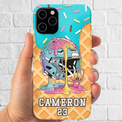Personalized Name & Number Football Ice Cream Drip Phone Case, Custom Sport Phone Cover for iPhone with MagSafe, Gift for Baseball Lovers/Players/Him