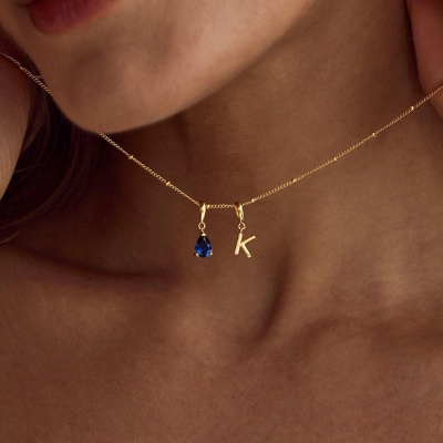 Personalized Bubble Letter Necklace with Teardrop Birthstone, Sterling Silver 925 Dainty Initial Necklace, Women's Jewelry, Birthday Gift for Her