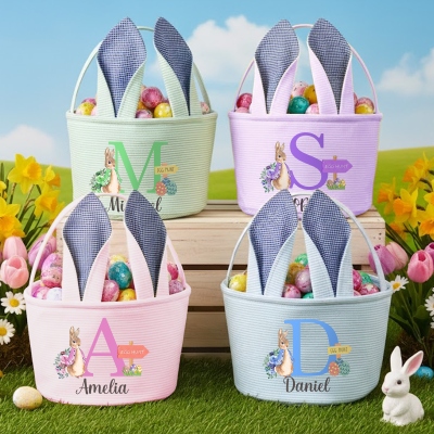 Custom Name Peter Rabbit Alphabet Easter Basket with Bunny Ears, Easter Egg Hunt Basket, Seersucker Easter Goodie Bag, Easter Gift for Kids/Boys/Girls