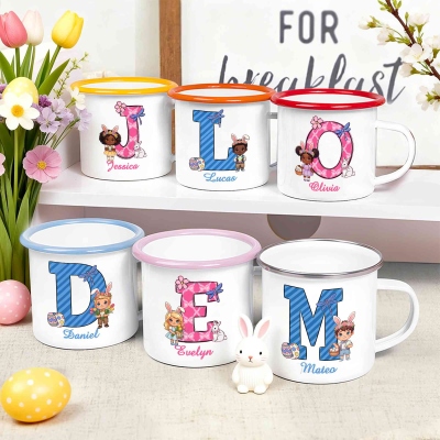 Personalized Name Cartoon Easter Character Alphabet Enamel Mug, 12oz Cup with Handle, Tin Camping Mug, Easter Party Favor, Easter Gift for Kids