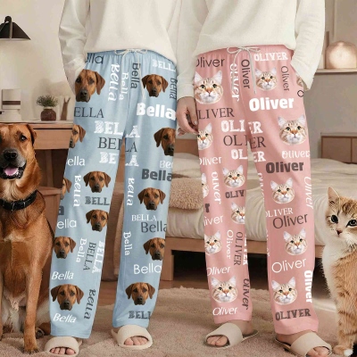 Personalized Pet Portrait Word Cloud Pajama Pants with Name, Pet Face Photo Drawstring Lounge Pants, Birthday/Christmas Gift for Pet Lovers/Owners