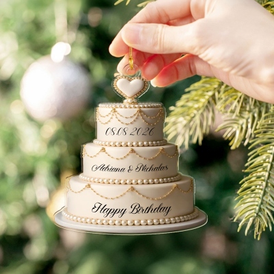 Personalized Name & Date Three-Tiered Cake Ornament, Acrylic Wedding Tree Decor, Valentine's Day/Wedding/Christmas/Birthday Gift for Couple/Newlyweds