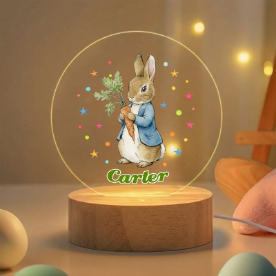 Custom Name Easter Peter Rabbit Farm Animal Design LED Night Light, Acrylic Night Lamp with Wooden Base, Home Decor, Birthday/Easter Gift for Kids