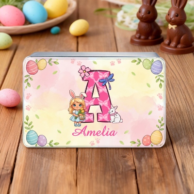 Personalized Name Cartoon Easter Boy/Girl Character Alphabet Treat Tin with Lid, Biscuit Candy Box, Tinplate Container, Easter Gift for Kids