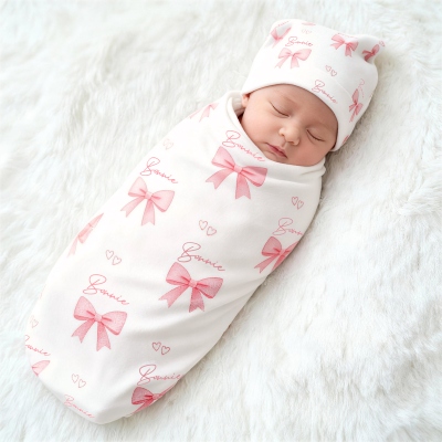 Personalized Name Pink Bow Baby Girl Swaddle Beanie & Mom's Bathrobe Set, Receiving Blanket with Hat, Baby Shower/Birthday Gift for Newborns/New Moms