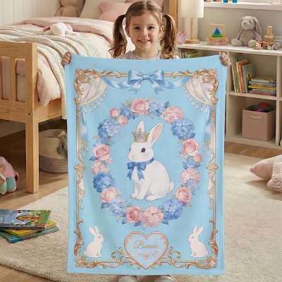 Personalized Name Bow Frame Floral Crown Rabbit Blanket, Flannel/Sherpa Throw for Bed Couch, Home Decor, Birthday/Easter Gift for Kids/Boys/Girls