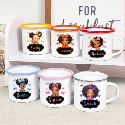 Personalized Name Polka Dots Cartoon Black Little Girl Enamel Mug, 12oz Cup with Handle, Tin Camping Mug, Birthday Gift for African American Girls