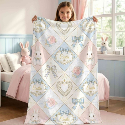 Personalized Rose Bow Heart Cute Rabbit Blanket with Name, Flannel/Sherpa Throw for Bed Couch, Home Decor, Birthday/Easter Gift for Kids/Boys/Girls