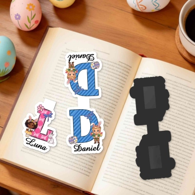 Custom Name Cartoon Easter Boy/Girl Character Alphabet Bookmark, Magnetic Bookmark Clip, Reading Accessory, Birthday/Easter Gift for Book Lovers/Kids
