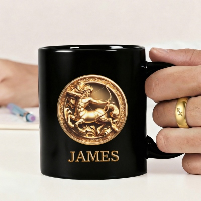 Personalized Gold Zodiac Sign Embossing Black Mug with Name, 11oz Ceramic Coffee Mug, Birthday/Father's Day/Wedding Gift for Him/Dad/Family/Best Men