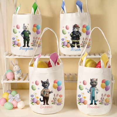 Personalized Name & Pet Easter Basket, Custom Pet as Career Character, Cute Easter Gift for Kids