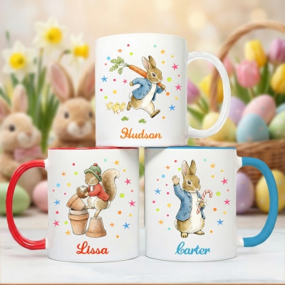 Personalized Name Easter Peter Rabbit Farm Animal Design Mug, 11oz/15oz Two Tone Ceramic Coffee Milk Mug with Coaster, Birthday/Easter Gift for Kids