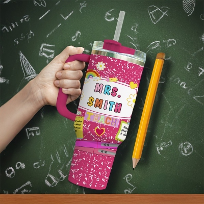 Personalized Name Composition Notebook Teacher's Tumbler, Stainless Steel 40oz Travel Mug with Handle, Back to School/Appreciation Gift for Teachers