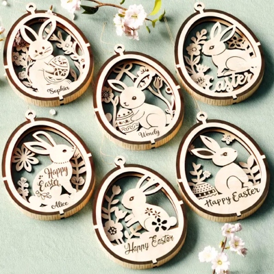 Personalized Bunny Easter Egg Floral Laser-Cut Ornament with Name, Cute 3D Layered Hanging Decor, Easter Keepsake, Easter Gift for Kids/Family/Friends