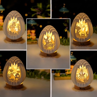 Custom Bunny Easter Floral 3D Layered Egg Lamp with Name, Hollow-Out Night Light with Wooden Base, Nursery Decor, Easter Gift for Kids/Family/Friends
