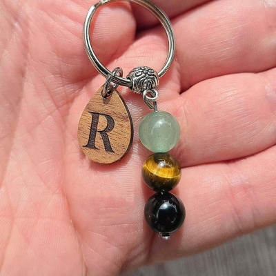 Personalized Initial Charm Lucky Crystal Keyring, Spiritual Wooden Letter Healing Stones Keychain, Bag Charm, Birthday Gift for Brother/Friends/Him