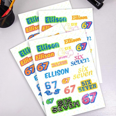Personalized Six Seven Design Waterproof Stickers with Name, School Supplies Decals, Birthday/Back to School Gift for Generation Z Teenagers