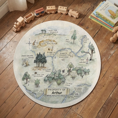 Personalized Name Classic Winnie the Pooh 100 Acre Wood Map Round Fleece Floor Mat, Non-slip Washable Rug, Baby Shower/Birthday Gift for Babies/Kids