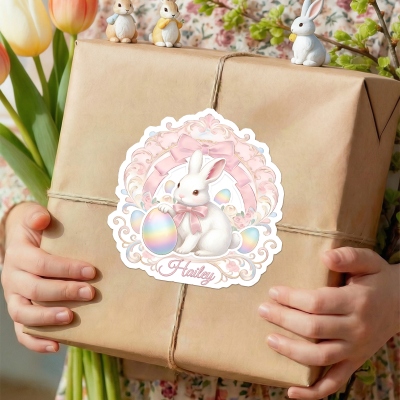 Personalized Name Bunny Rainbow Eggs Easter Stickers, Vintage Gift Name Tags, Treat Bag Labels, Easter Party Favors, Easter Gifts for Kids/Boys/Girls