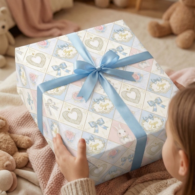 (Set of 3pcs)Custom Name Bunny Bow Easter Checkerboard Wrapping Papers, A3/A2/Standard Shabby Chic Holiday Gift Wrap, Easter/Birthday Gift for Kids