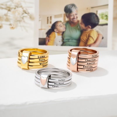 Personalized Engraved 2-5 Names Stacking Rings with Heart, Rustic Sterling Silver Ring, Mother's Day/Birthday/Anniversary Gift for Women