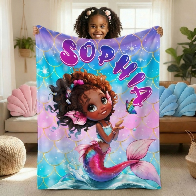 Personalized Name Cartoon Mermaid Girl Blanket, Flannel/Sherpa Soft Bed Couch Throw, Nursery/Home Decor, Baby Shower/Birthday Gift for Kids/Girls