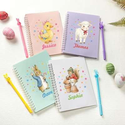 Custom Name Easter Peter Rabbit Farm Animal Design Spiral Notebook with Bunny Pen, Lined Notebook & Pen Set, Birthday/Easter Gift for Kids/Boys/Girls