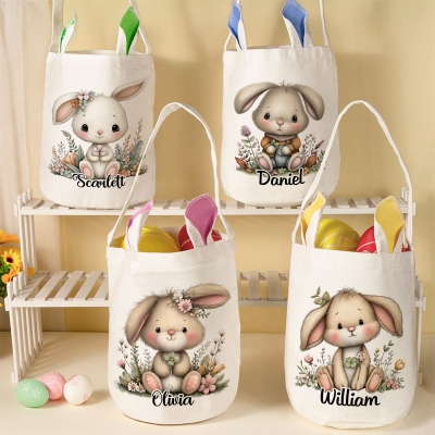 Personalized Name Cute Cartoon Floral Rabbit Easter Basket, Cotton Linen Easter Bucket Bag with Bunny Ears, Easter Party Favor, Easter Gift for Kids