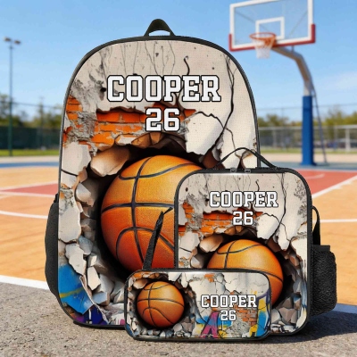 Custom Name & Number Sports Ball Backpack with Pencil Case & Lunch Bag, Large Capacity Schoolbag, Back to School/Birthday Gift for Boys/Sports Lovers