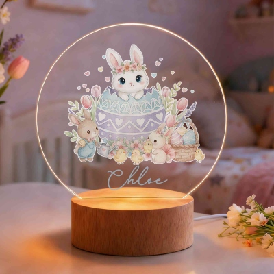 Personalized Name Watercolor Cracked Egg Bunny LED Night Light, Acrylic Night Lamp with Wooden Base, Home Decor, Birthday/Easter Gift for Kids