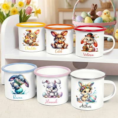 Personalized Cartoon Quirky Bunny Enamel Mug with Name, 12oz Cup with Handle, Tin Camping Mug, Easter Party Favor, Easter Gift for Kids/Boys/Girls